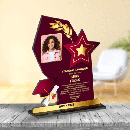 Kişiye Özel Ahşap Resimli Yazılı Mezun Plaketi Yıldız Model