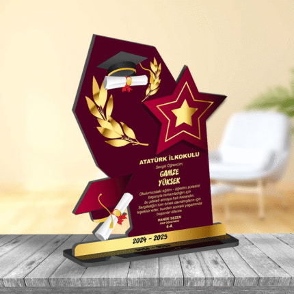 Kişiye Özel Ahşap Resimli Yazılı Mezun Plaketi Yıldız Model