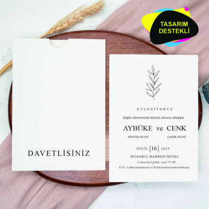 Sade Çiçekli Düğün Davetiyesi