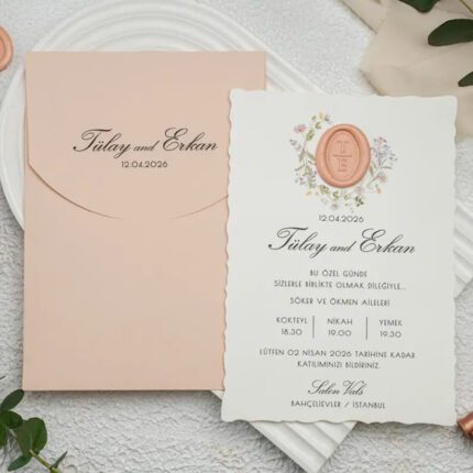 Zarflı Özel Kesim Düğün Davetiyesi 100 Adet Mühür Seçenekli