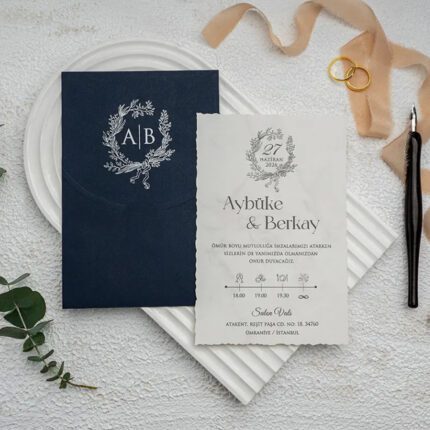 100 Adet Lacivert Vintage Düğün Davetiyesi Ekonom 9315