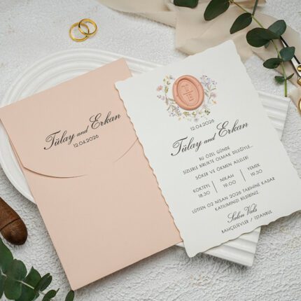 Zarflı Özel Kesim Düğün Davetiyesi 100 Adet Mühür Seçenekli
