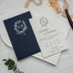 100 Adet Lacivert Vintage Düğün Davetiyesi Ekonom 9315