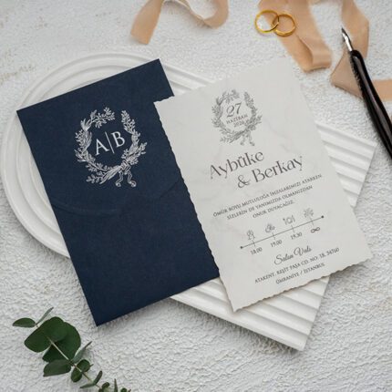 100 Adet Lacivert Vintage Düğün Davetiyesi Ekonom 9315