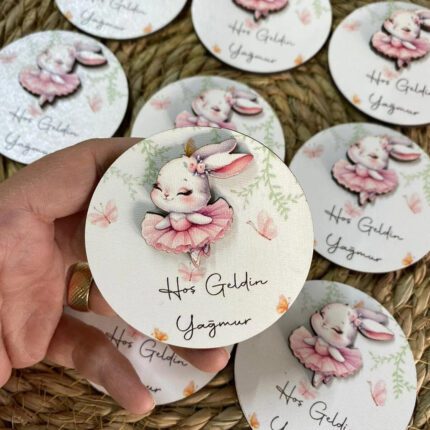 Balerin Tavşan Figürlü Ahşap Bebek Magneti Kız Bebek Hediyeliği